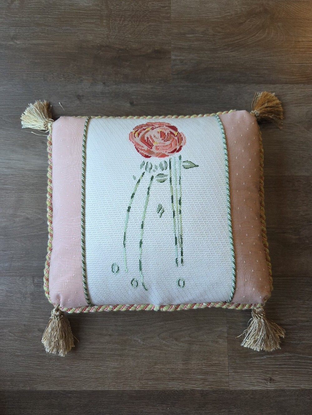 Vintage Needlepoint Rose Victoria Style Pink Pillow with Tassels & Twisted Rope